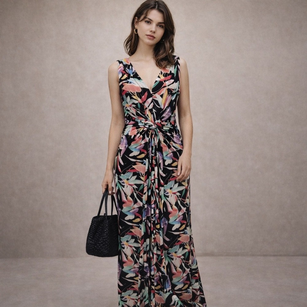 IMAN Global Chic Floral Maxi Dress Black Multi V-Neck Knot‎ Front Sleeveless L